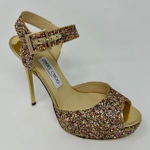 Jimmy Choo Golden Platform Multi Glitter Stiletto Heels Size 39 Luxury!